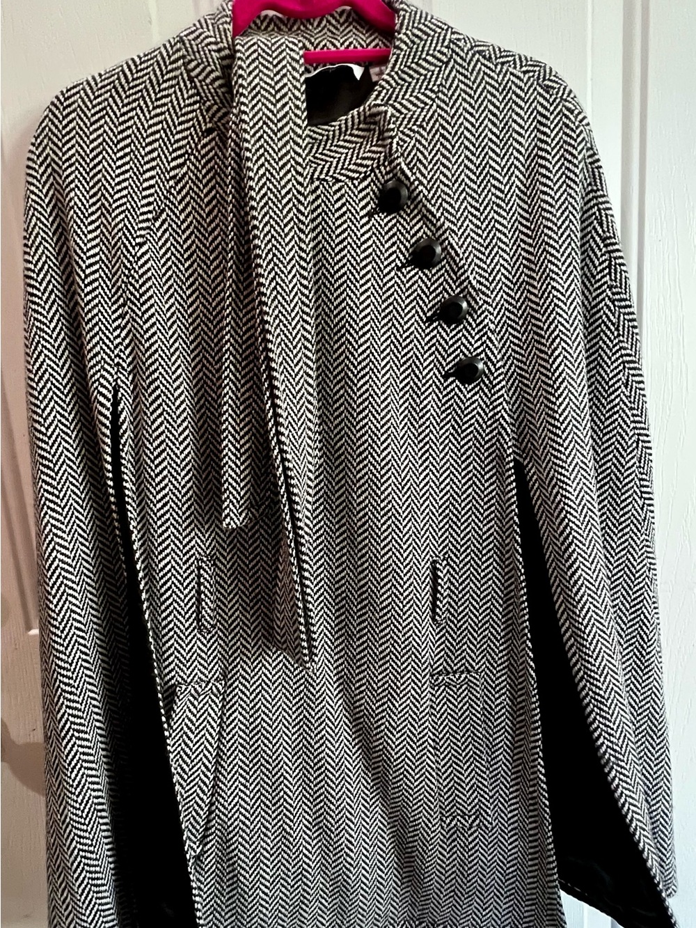 Joan Rivers Black & White Herringbone Cape Coat with Scarf Detail